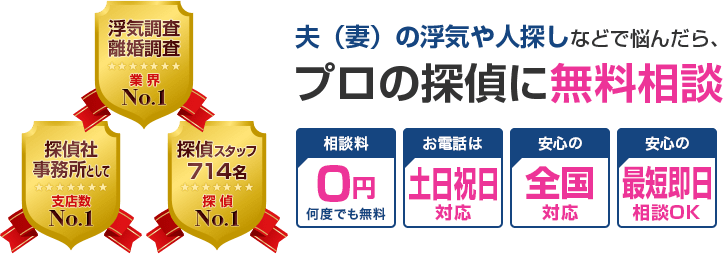 夫（妻）の浮気や人探しなどで悩んだら、プロの探偵に無料相談 相談料0円何度でも無料 お電話は土日祝日対応 安心の全国対応 安心の最短即日相談OK 浮気調査・離婚調査業界No.1 探偵社事務所として支店数No.1 探偵スタッフ714名探偵No.1